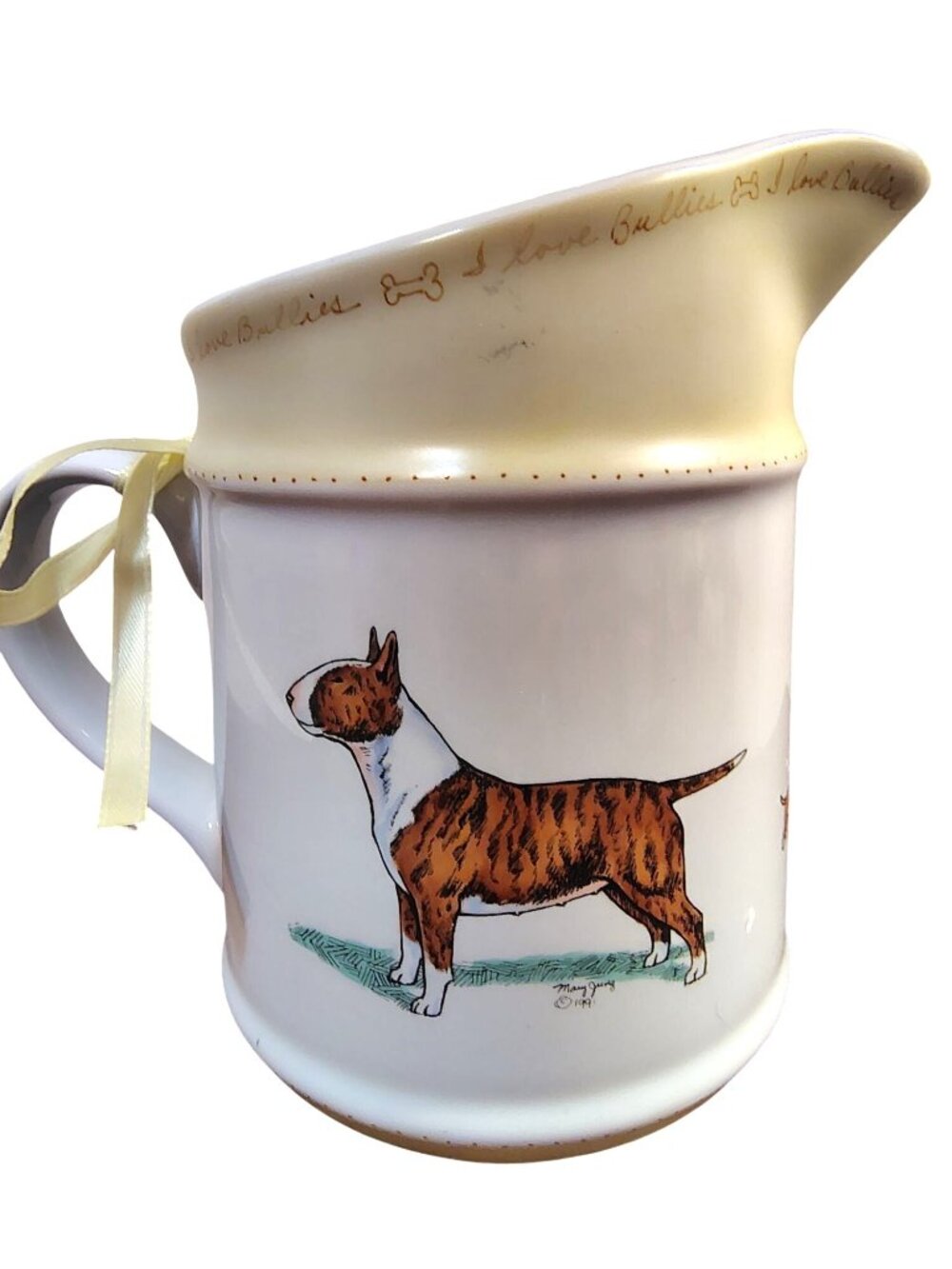 Vintage Mary Jung Bull Terrier Dog Porcelain Pitcher Hand Painted Signed, 6"